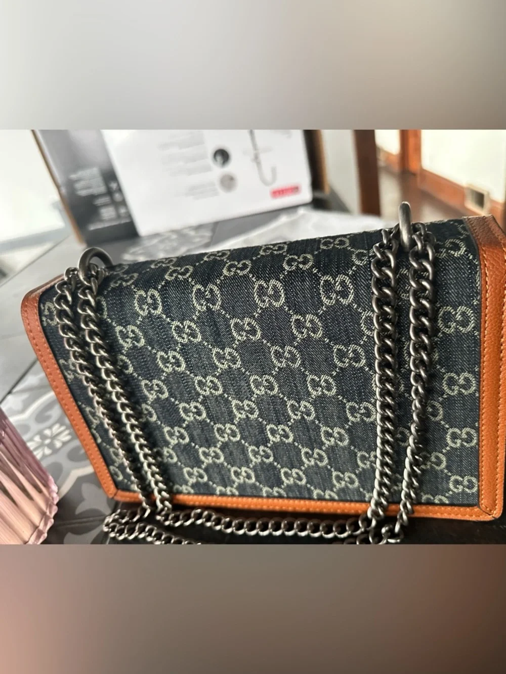 Gucci Navy Monogram Denim Shoulder Bag with Brown Leather Trim - Picture 2 of 3